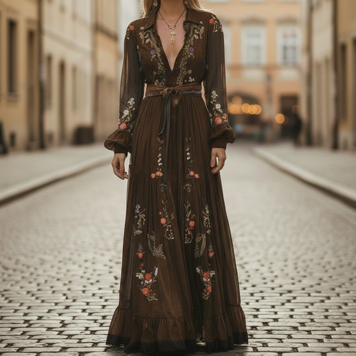 Women Boho Maxi Dress Long Sleeve V Neck Belted Waist