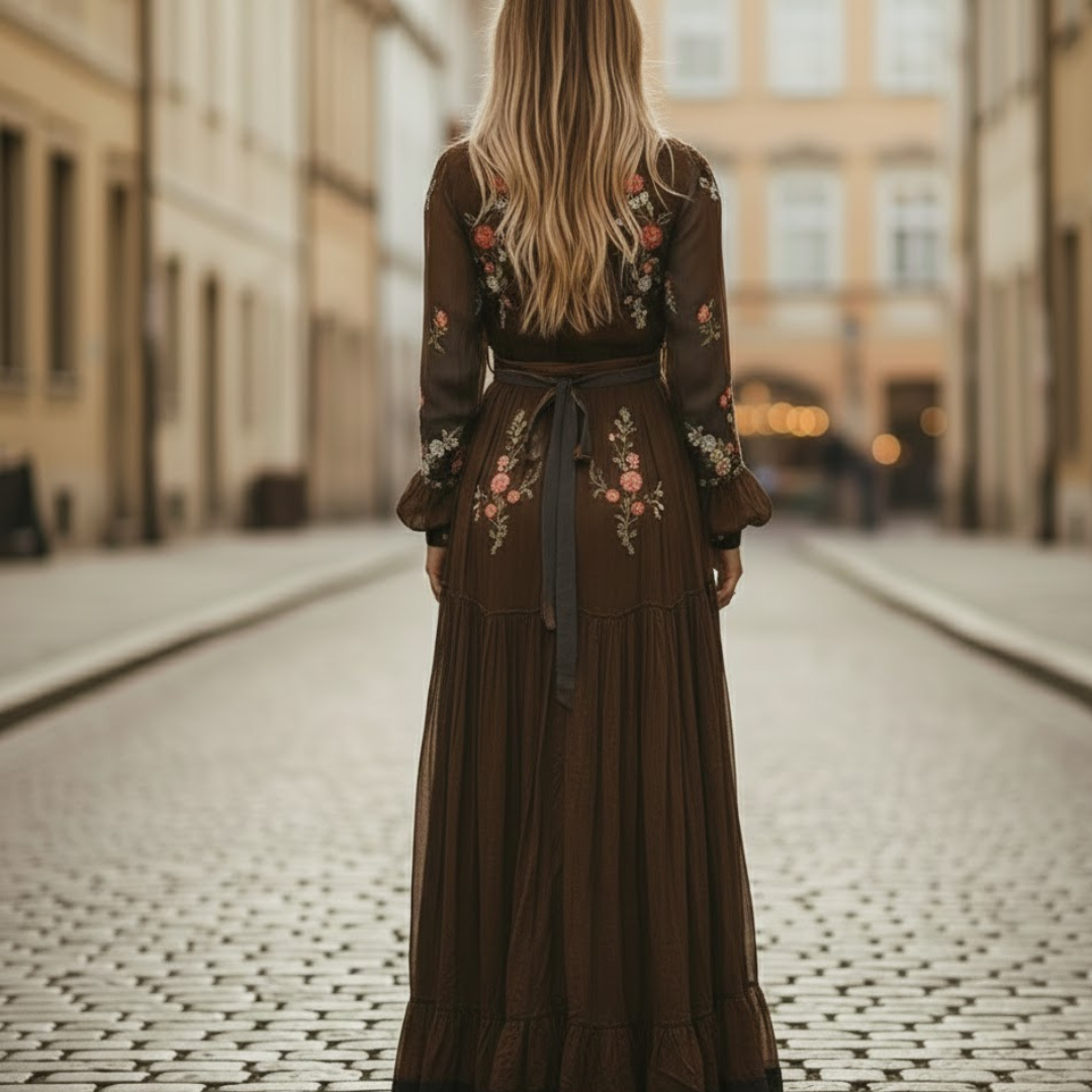 Women Boho Maxi Dress Long Sleeve V Neck Belted Waist