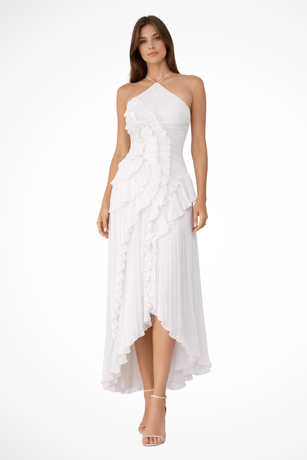 Robe longue femme à volants, sans manches, col halter, dos nu, coupe trapèze