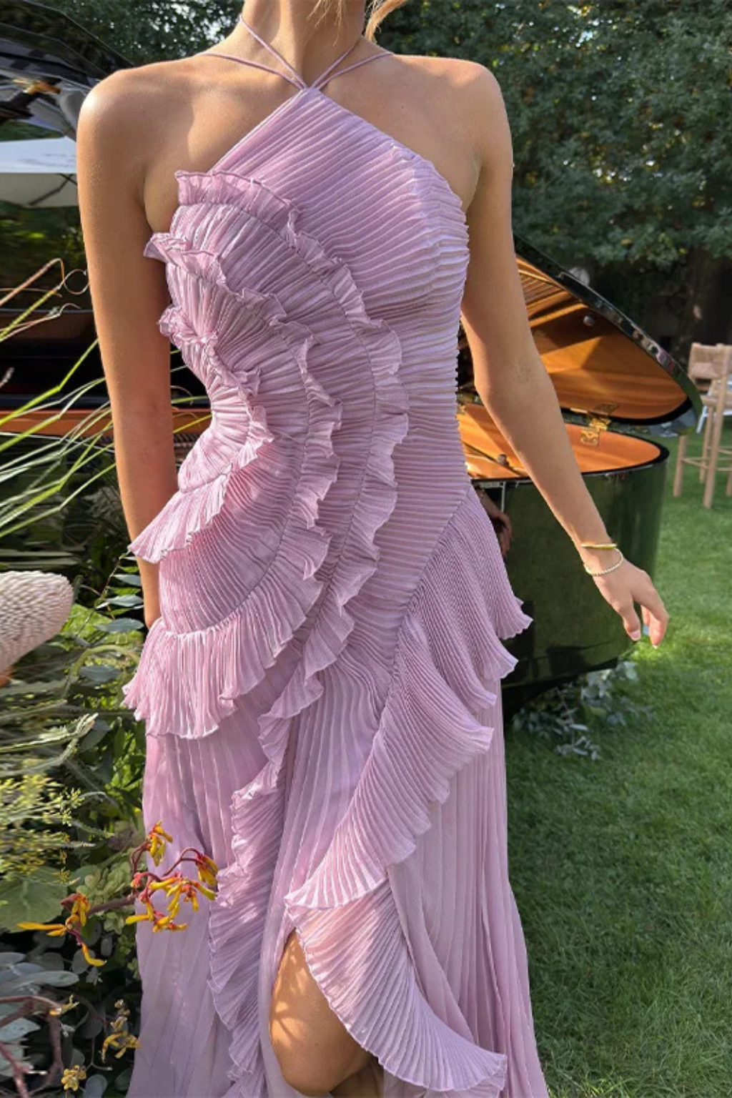 Robe longue femme à volants, sans manches, col halter, dos nu, coupe trapèze