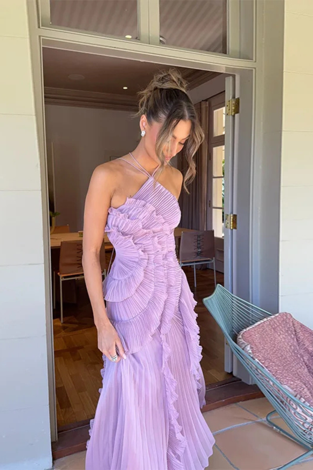 Robe longue femme à volants, sans manches, col halter, dos nu, coupe trapèze