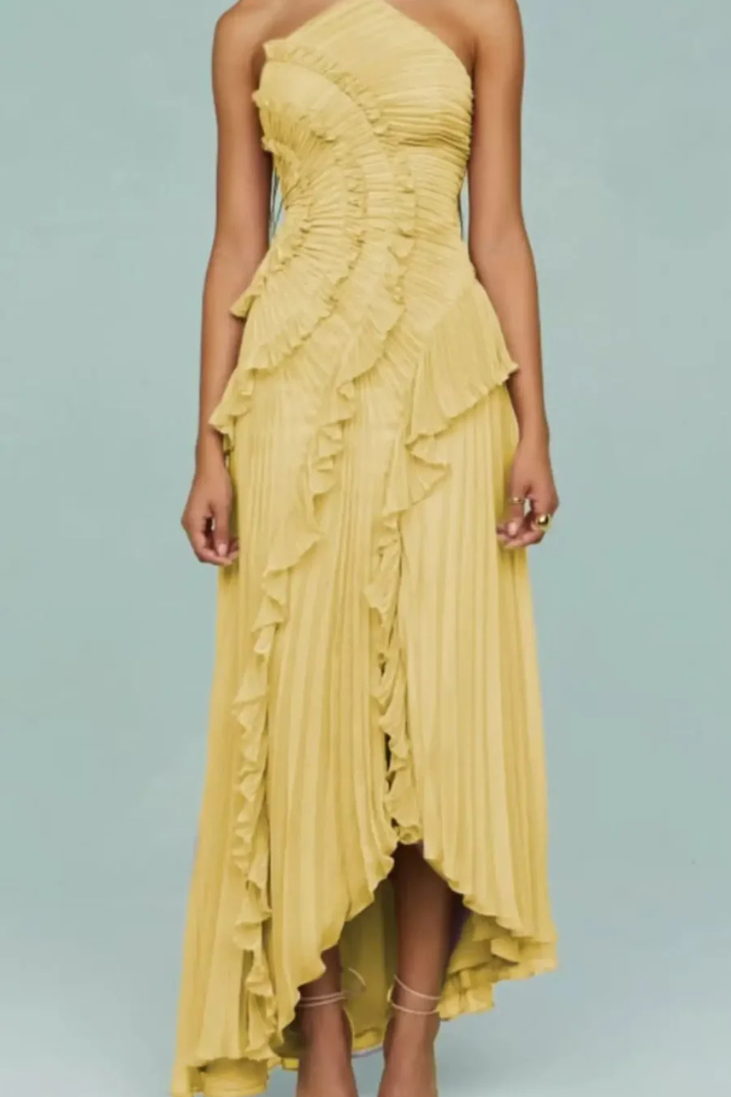 Robe longue femme à volants, sans manches, col halter, dos nu, coupe trapèze
