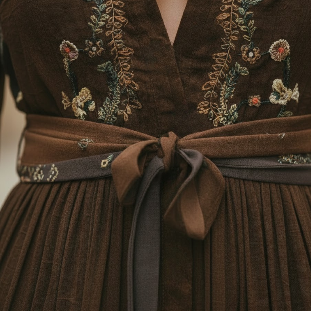 Women Boho Maxi Dress Long Sleeve V Neck Belted Waist