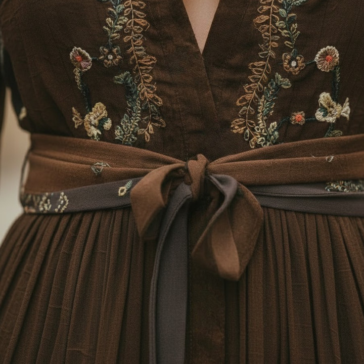 Women Boho Maxi Dress Long Sleeve V Neck Belted Waist