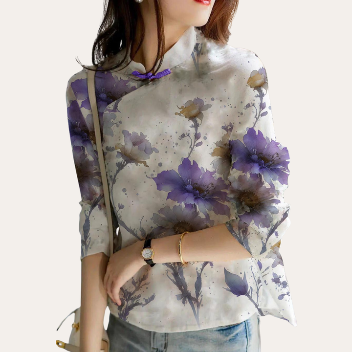 Damen Bluse Leinen Stickerei Langarm Stehkragen Frühling Top Elegant | Vestea