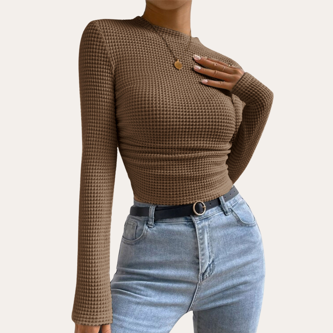Damen Langarm Crop Top Rippenstrick Figurbetont | Vestea