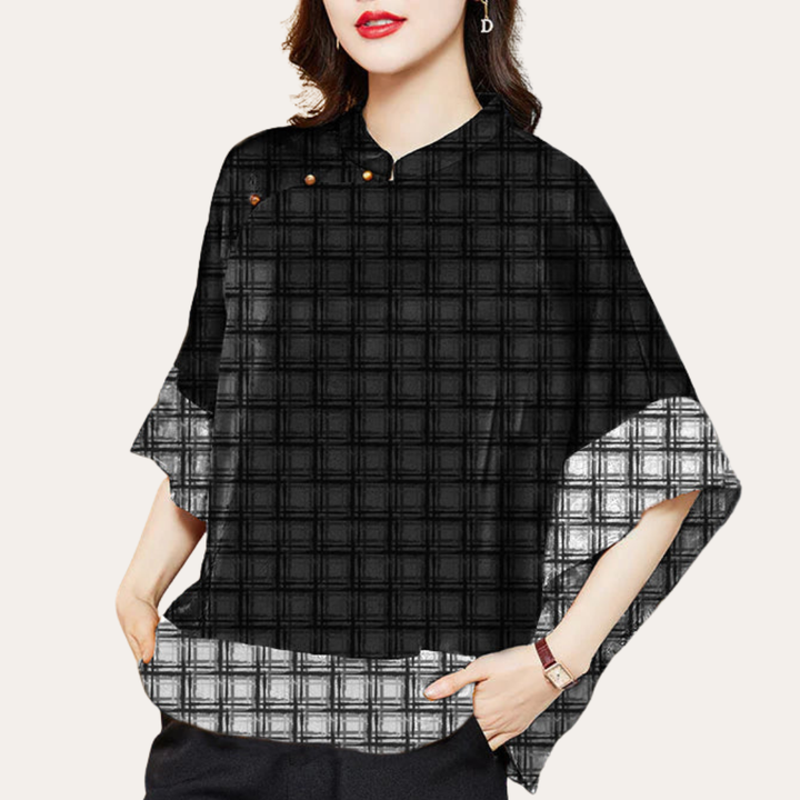 Damen Bluse Kimono Schnitt Muster Stehkragen Kurzarm | Vestea
