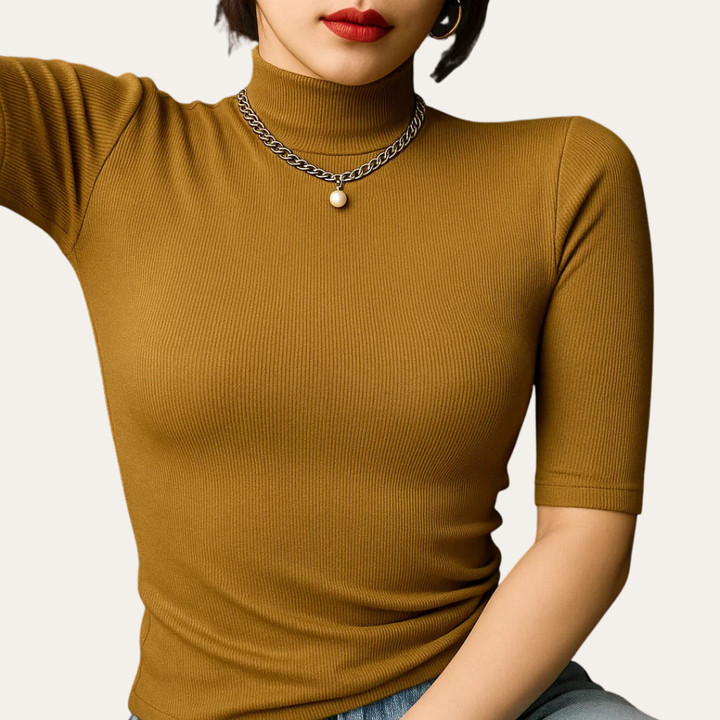Rippenstrick Rollkragen Top Damen Slim Fit Halbarm | Vestea