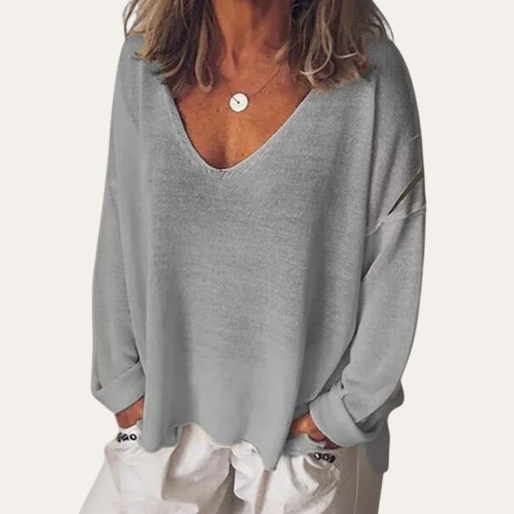 Damen Leinen V-Ausschnitt Langarmshirt Lockerer Schnitt Freizeit | Vestea