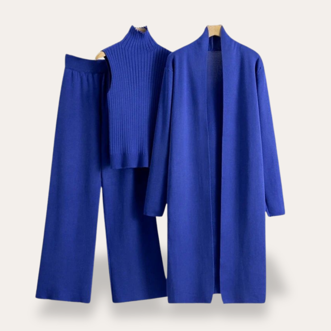 Damen Strick Set 3-teilig mit Mantel aus Feinstrick | Vestea