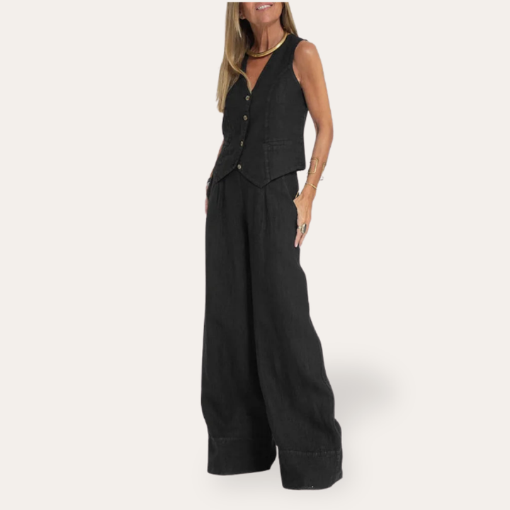Damen Leinenweste und weite Hose Set Ärmellos Sommer | Vestea