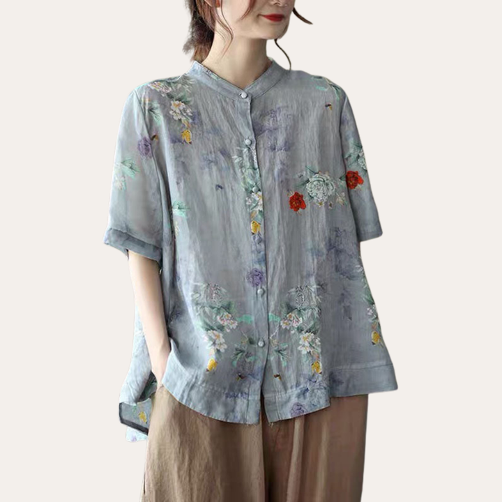 Damen Sommer Leinenbluse Print Kurzarm Stehkragen | Vestea