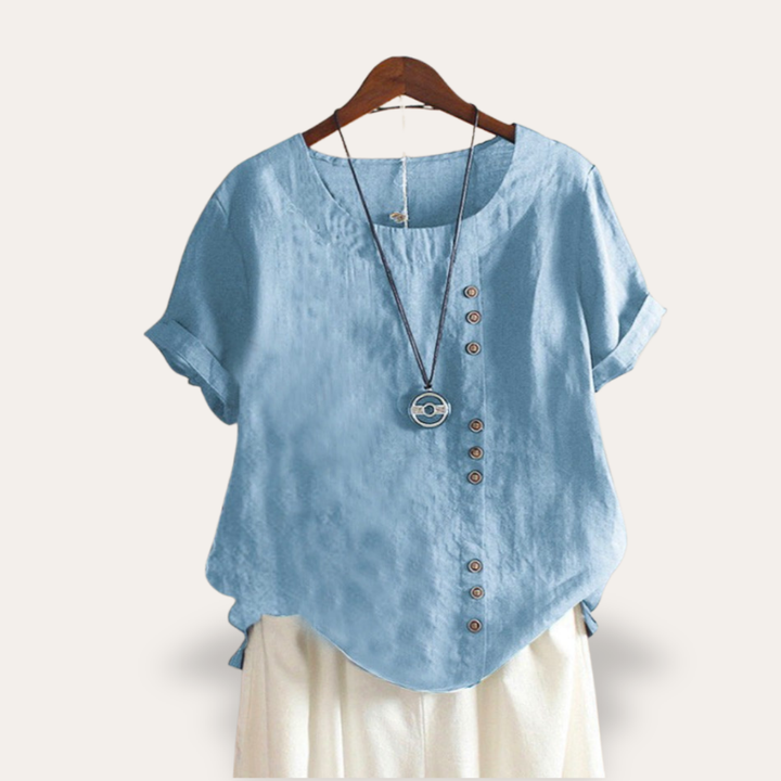 Leinen Damen Bluse mit Knopfleiste Kurzarm Asymmetrisch | Vestea