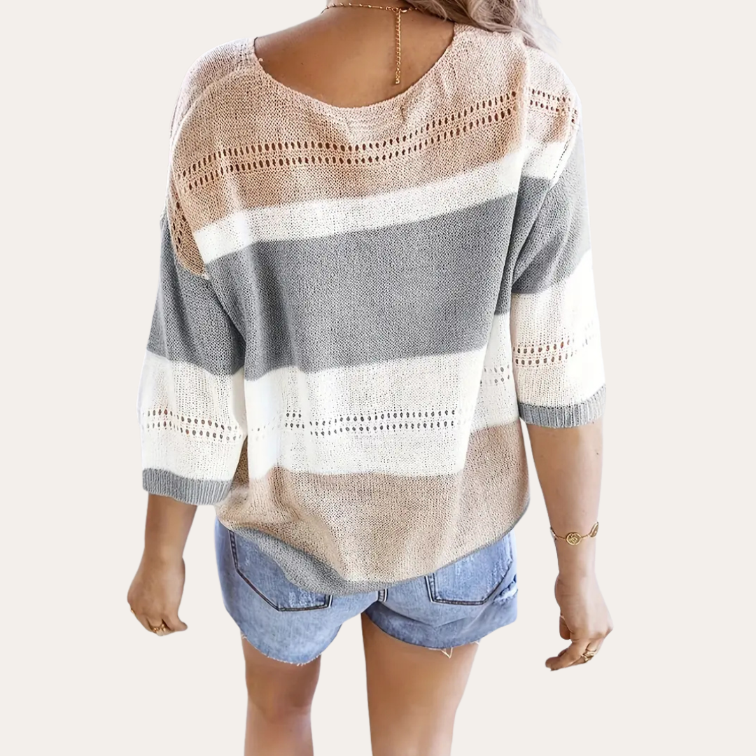 Damen V-Ausschnitt Strickpullover mit Streifenmuster | Vestea