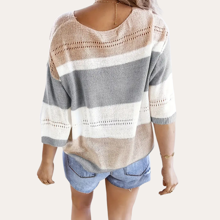 Damen V-Ausschnitt Strickpullover mit Streifenmuster | Vestea