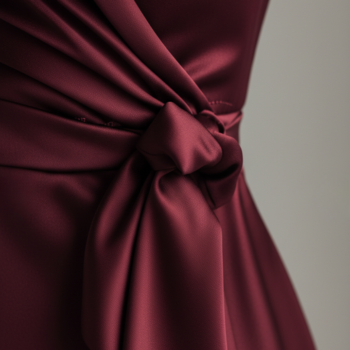 Vestido midi cruzado de satén burdeos para mujer