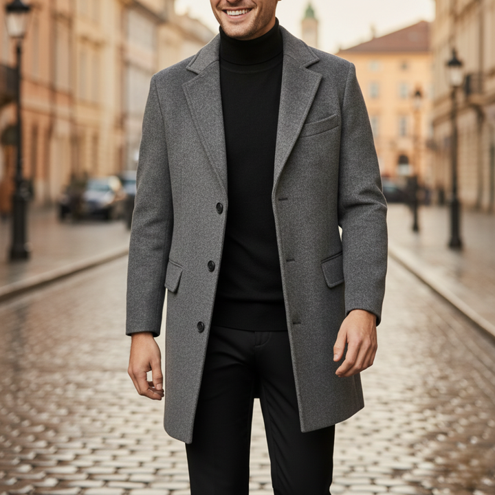 Men's Wool Coat Woven Fabric Knee-Length Black | Vestea