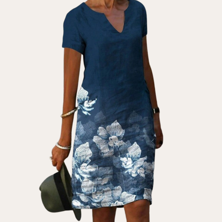 Sommerkleid mit Blumenmuster aus Leinen Damen Kurzarmkleid | Vestea
