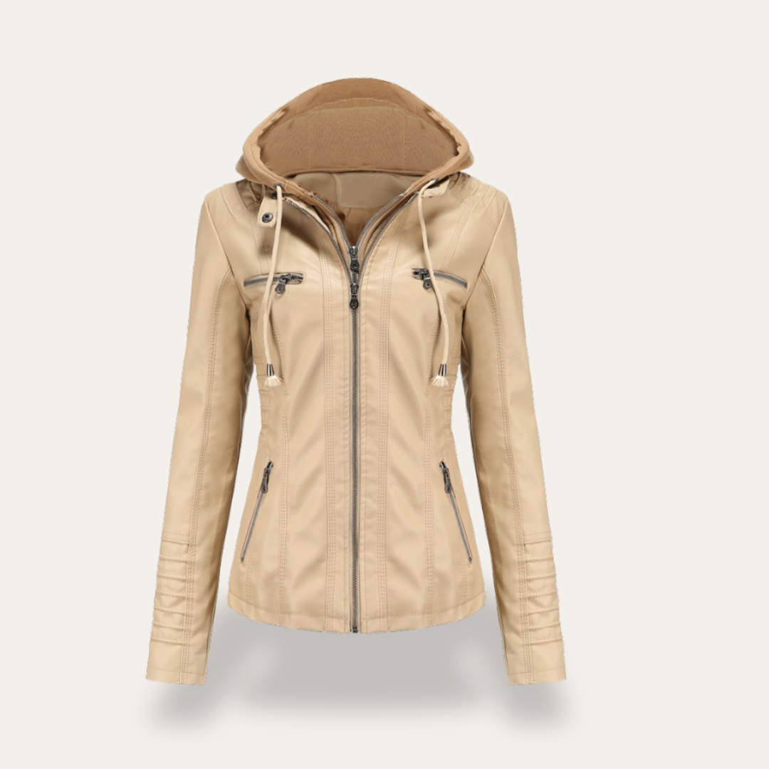 Damen Bikerjacke mit Kapuze Kunstleder Reißverschluss Slim Fit | Vestea