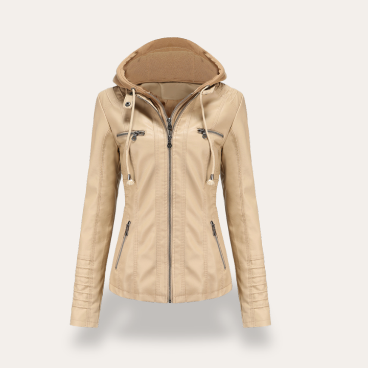 Damen Bikerjacke mit Kapuze Kunstleder Reißverschluss Slim Fit | Vestea