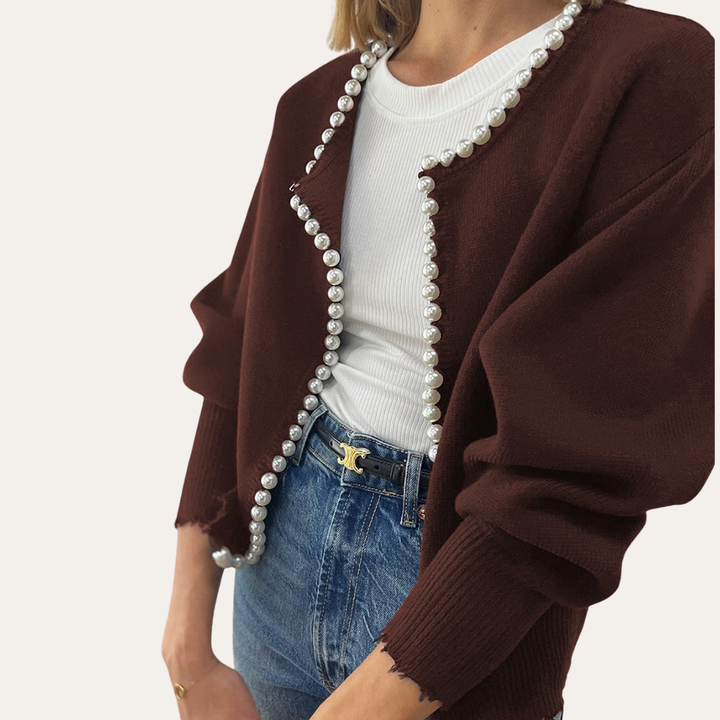 Damen Strickjacke mit Perlenbesatz Langarm Cardigan | Vestea