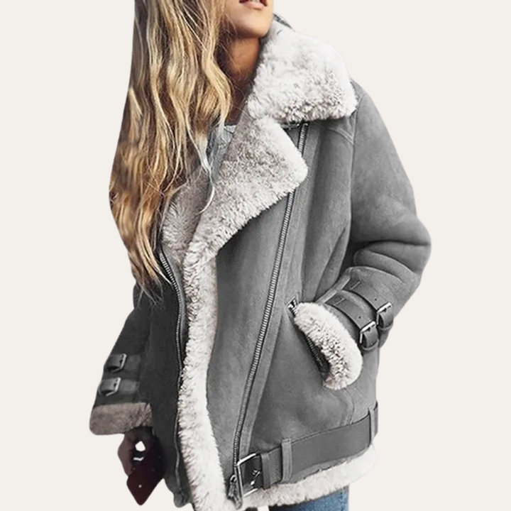 Damen Lammfelljacke Oversized Kunstleder Winterjacke mit Gürtel | Vestea