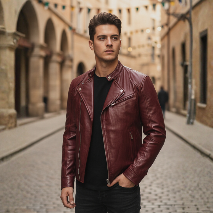 Herren Bikerjacke aus Leder mit Reißverschluss | Vestea