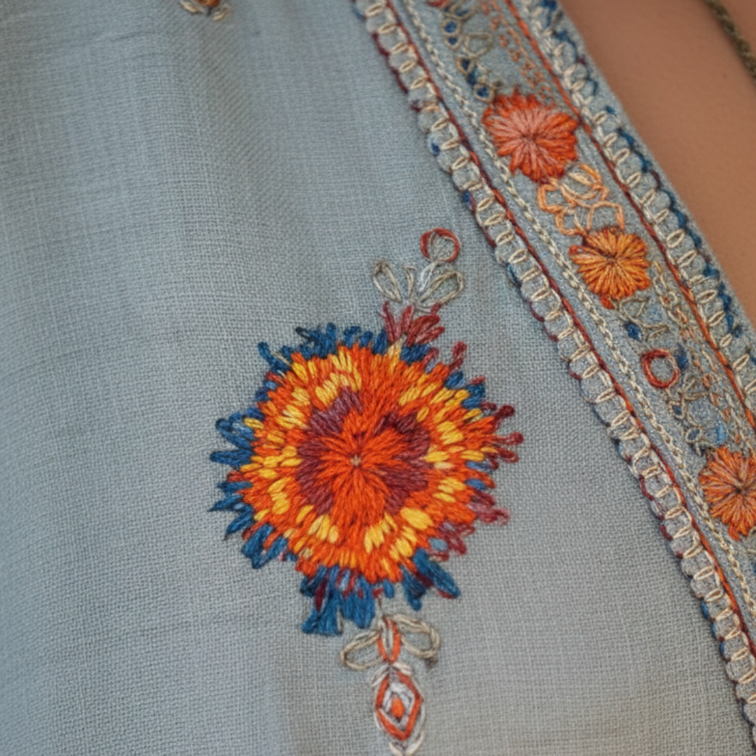 Blouse paysanne à col en V brodée manches longues bleu clair pour femme