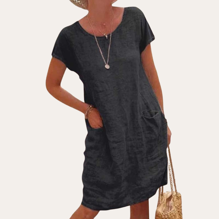 Leinen Sommerkleid mit Taschen Damen Freizeitkleid Kurzarm | Vestea
