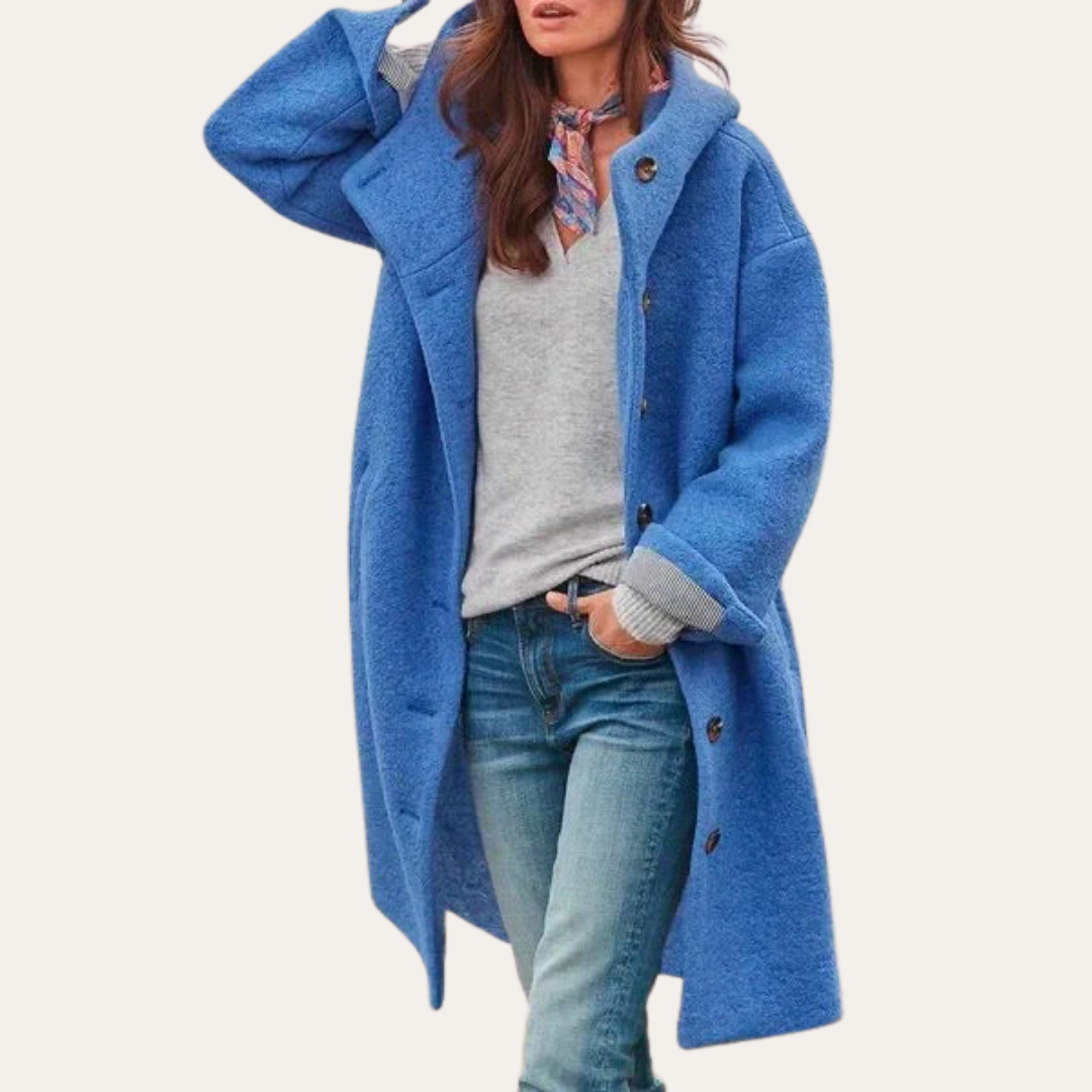 Damen Oversize Wollmantel mit Kapuze Knopfverschluss | Vestea