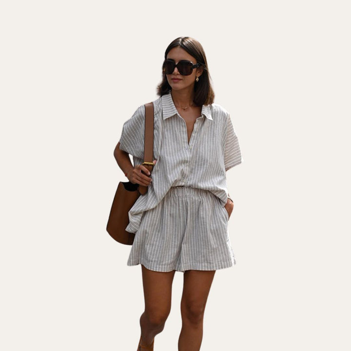 Damen Gestreift Leinen Sommer Set | Vestea