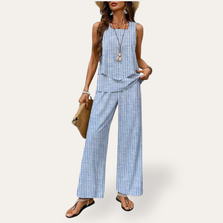 Damen Top mit V-Ausschnitt und weiten Hosen Sommeroutfit | Vestea