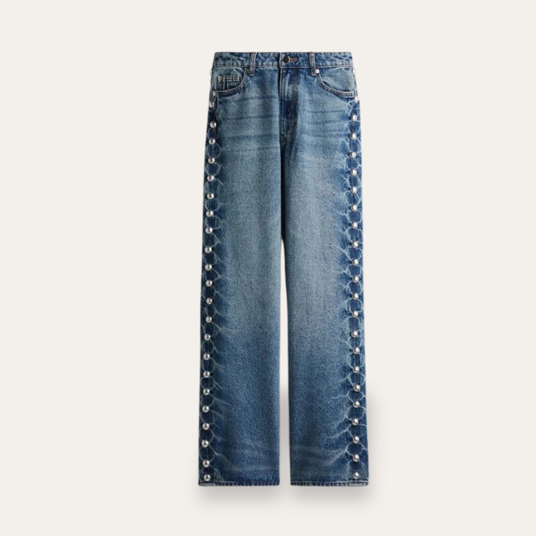 Damen High-Waisted Bootcut Jeans mit Knöpfen an der Seite | Vestea