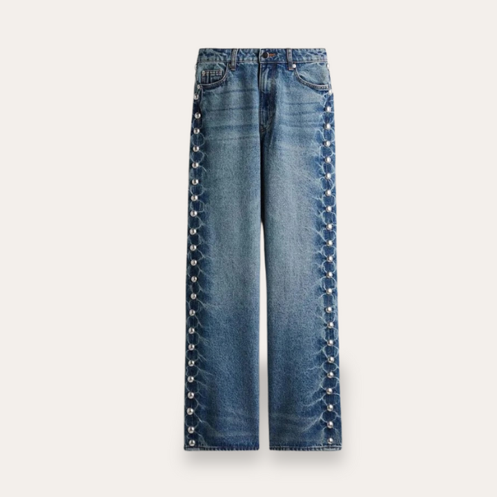 Damen High-Waisted Bootcut Jeans mit Knöpfen an der Seite | Vestea