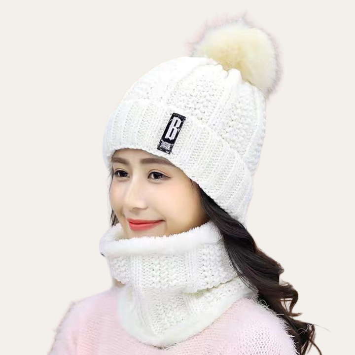 Damen Wintermütze mit Bommel und Strickschal Set | Vestea