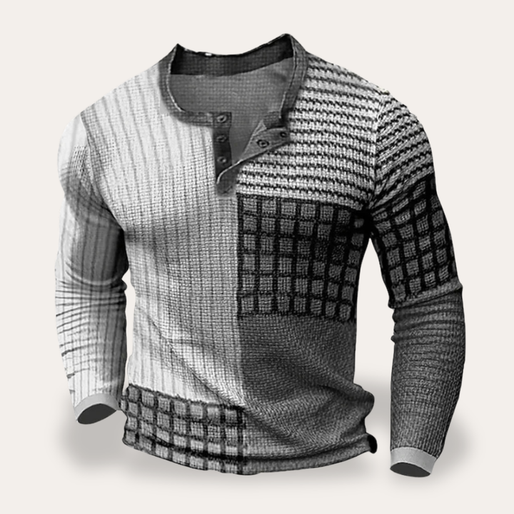 Herren Langarmshirt mit Knopfleiste Patchwork Baumwolle Freizeit | Vestea