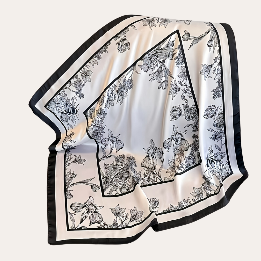 Damen Seidenschal Schwarz-Weiß Blumenmuster | Vestea