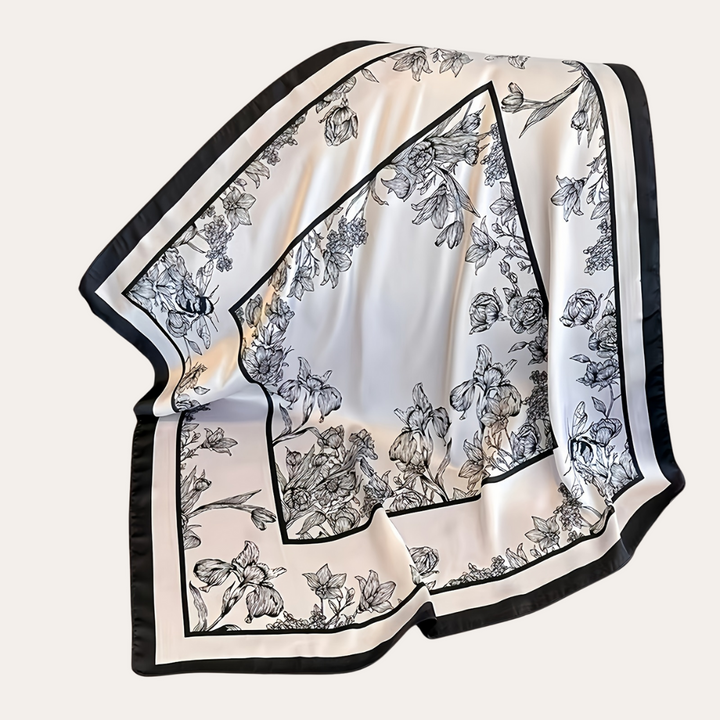 Damen Seidenschal Schwarz-Weiß Blumenmuster | Vestea