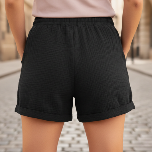 Women Cotton Gauze Drawstring Waist Casual Shorts