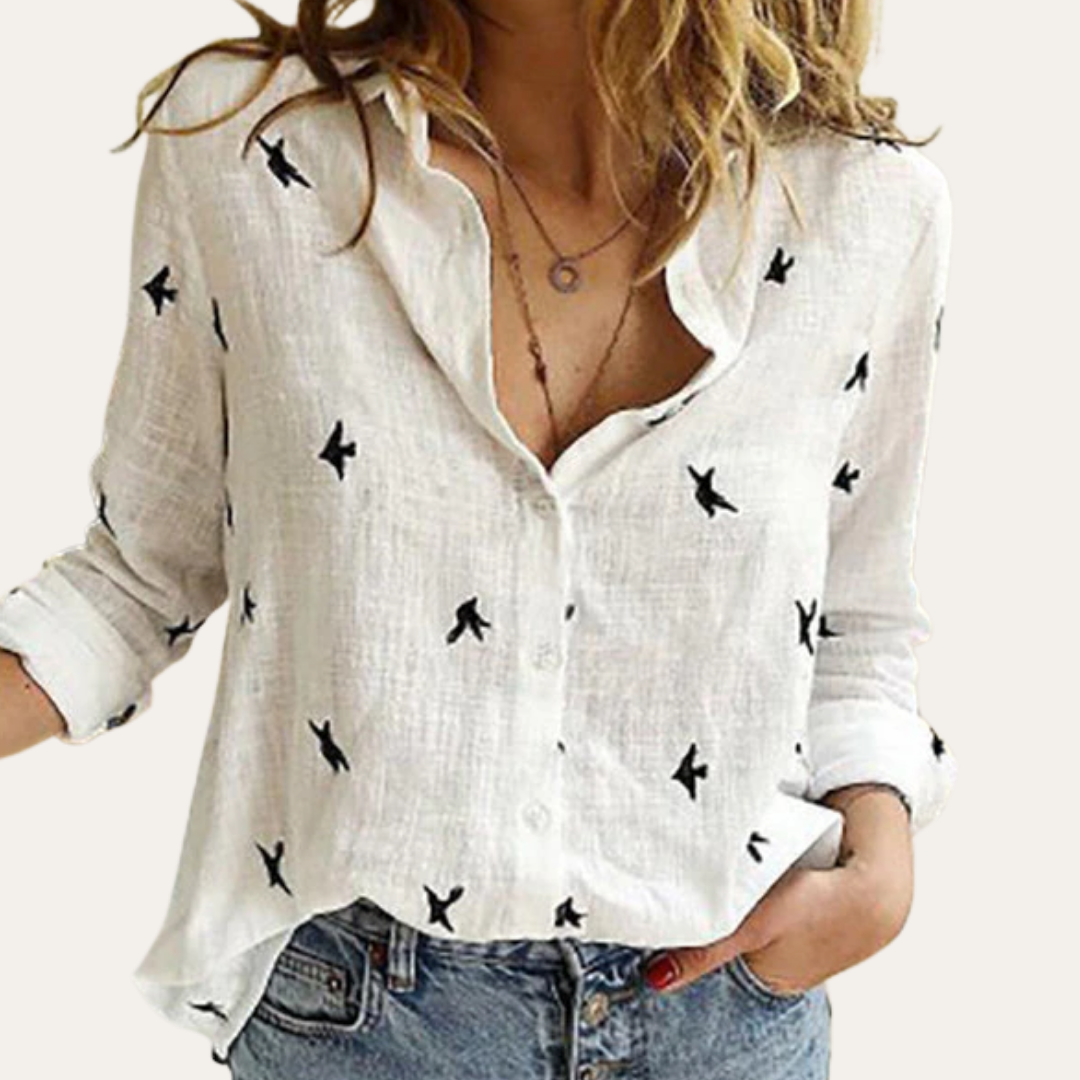 Damen Leinen Bluse Langarm Vogelmuster Hemd Sommer Look | Vestea