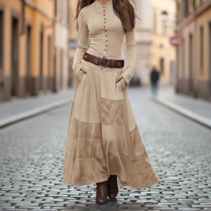 Long Vintage Faux Suede Plaid Polyester Dress for Women