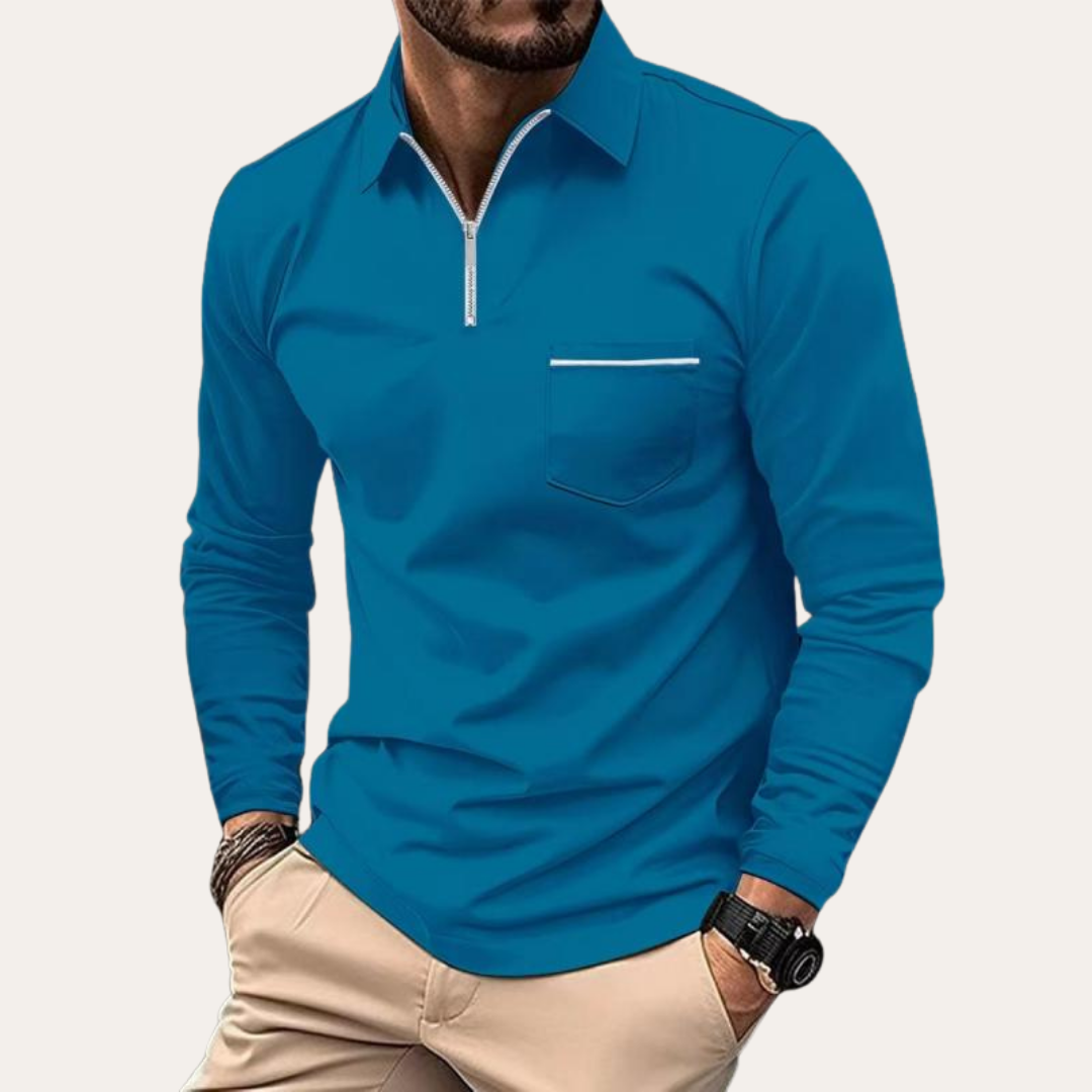 Herren Langarm Poloshirt mit Reißverschluss und Brusttasche | Vestea