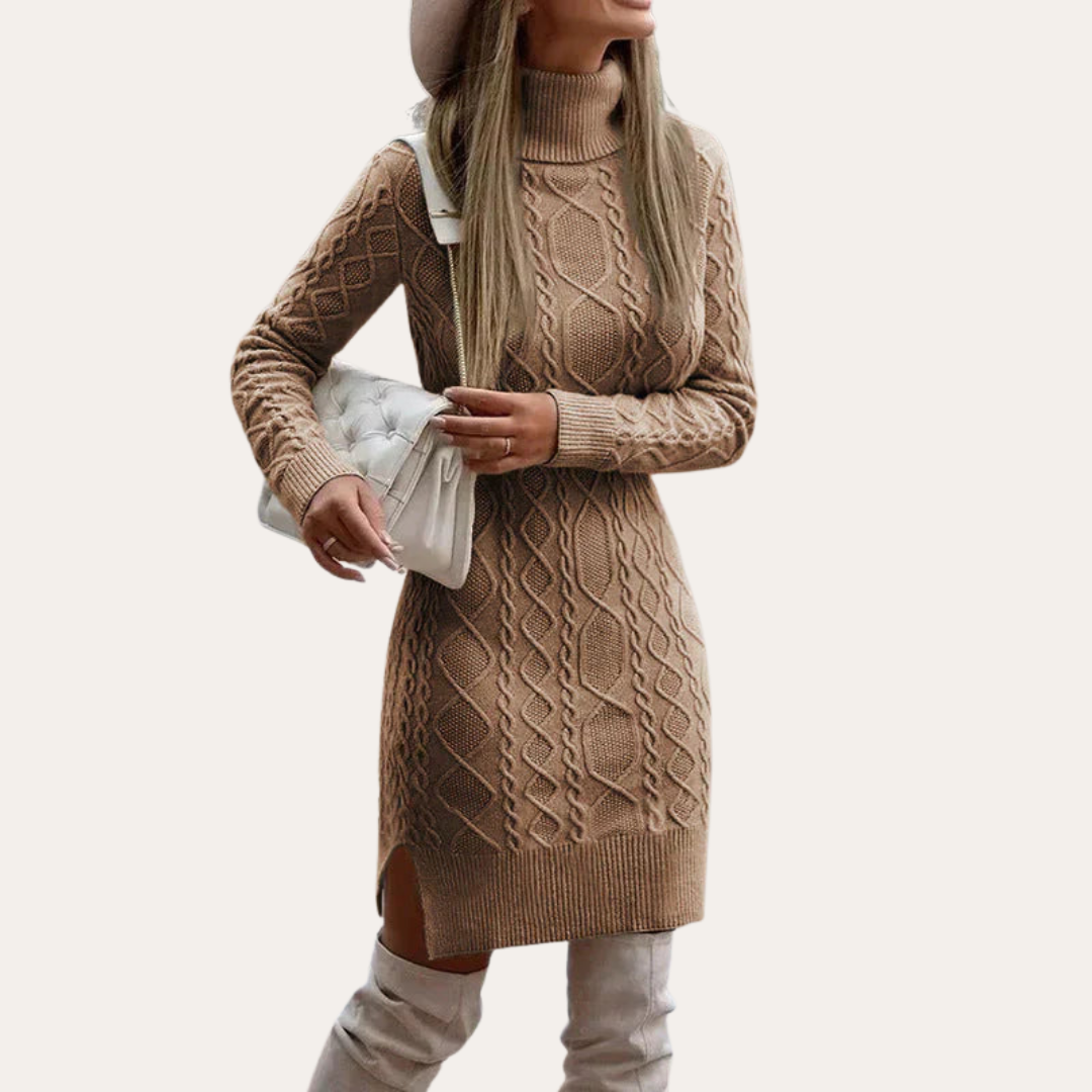 Damen Strickkleid mit Rollkragen und Zopfmuster | Vestea