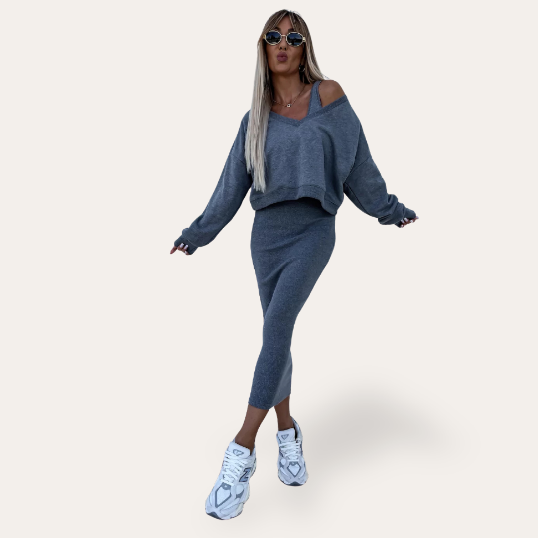 Damen Zweiteiler Langarm Pullover mit Midirock | Vestea