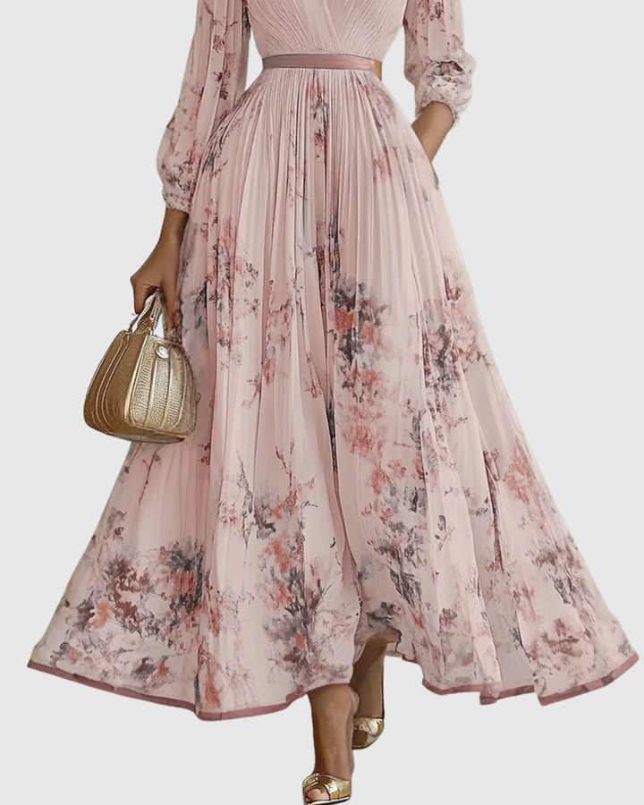 Vestido Maxi para Mujer de Satén Plisado con Escote en V, Manga Larga y Cintura Ajustable