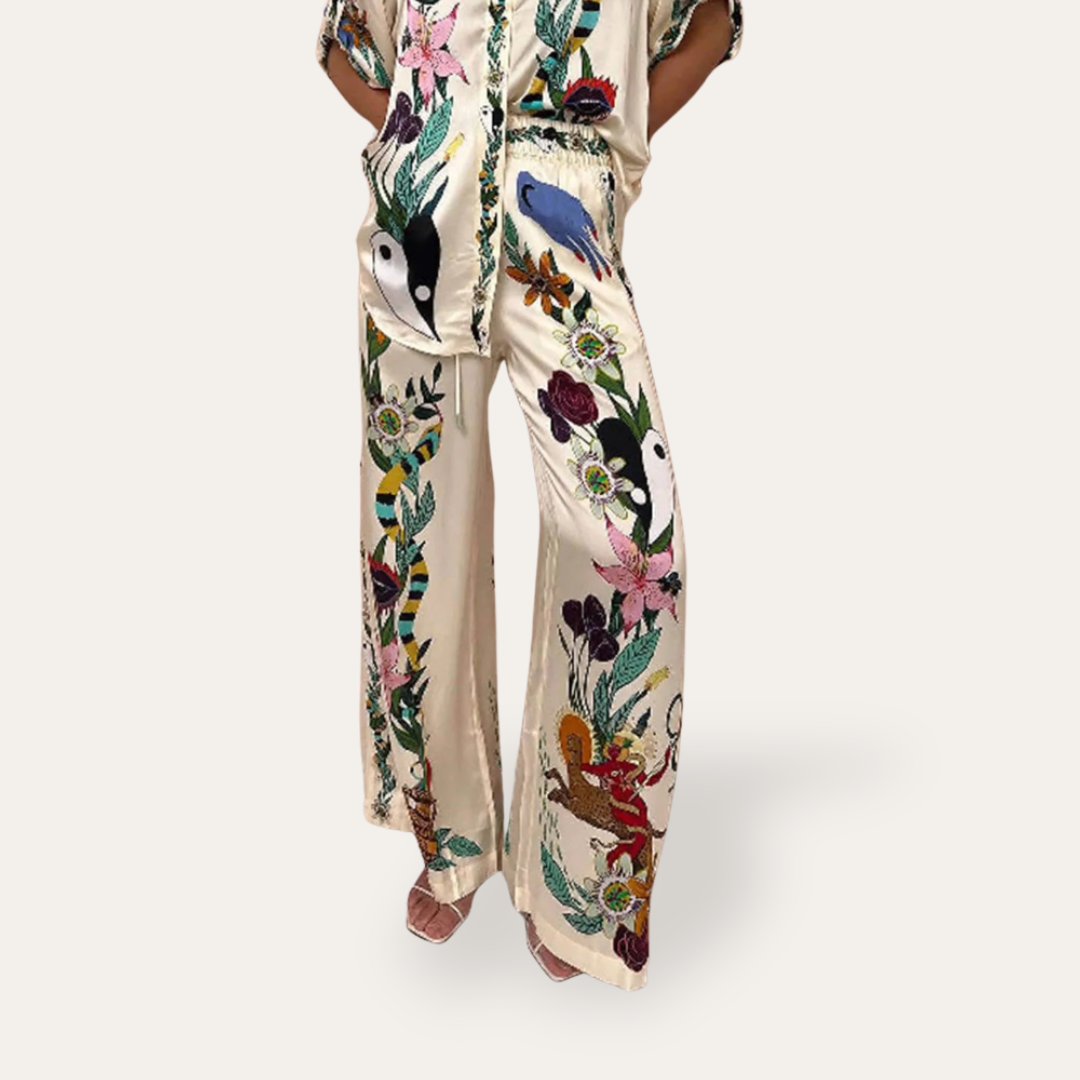 Damen Satin Zweiteiler mit tropischem Print | Vestea