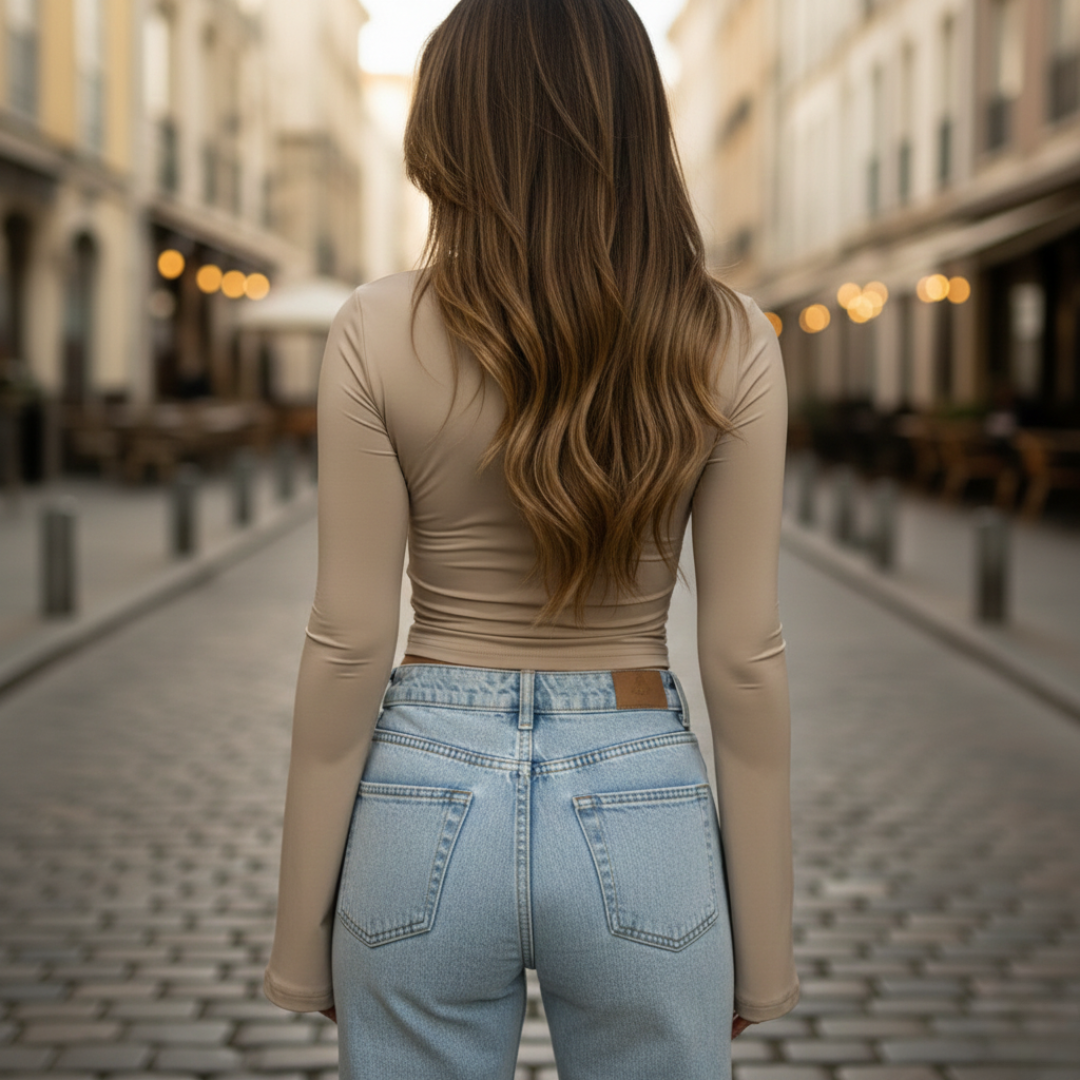 Damen Spitzen V-Ausschnitt Langarm Stretch Top | Vestea