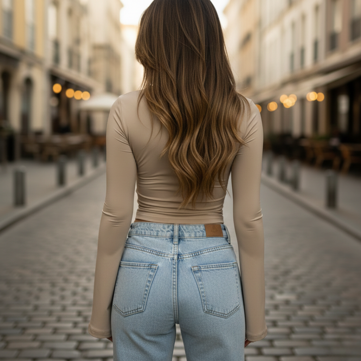 Damen Spitzen V-Ausschnitt Langarm Stretch Top | Vestea