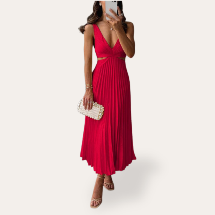 Damen Plisseekleid Midikleid V-Ausschnitt Ärmellos Sommerkleid | Vestea