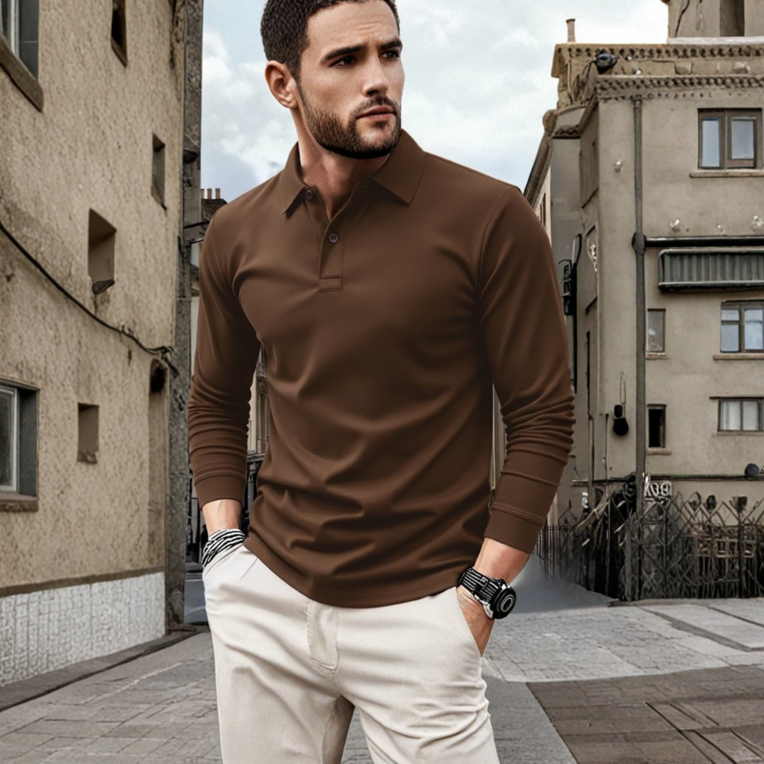 Polo homme à manches longues couleur unie coupe ample tissu en polyester